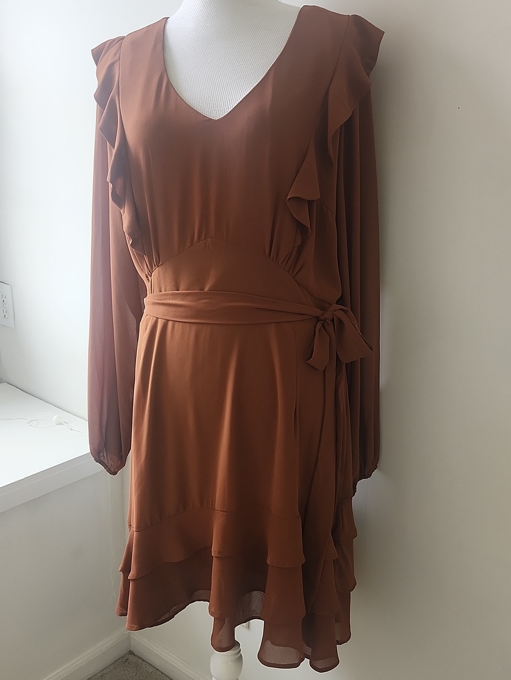 City Chic Ruffle Teirs Flare Mini Dress Rust Size 16 Party Long Sleeves Fall - Picture 2 of 8